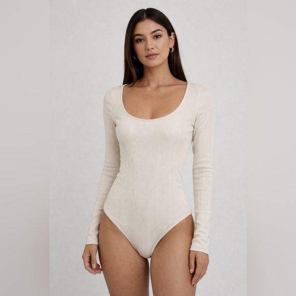 aerie Tops - NWT Aerie Ribbed Cream Long sleeve Bodysuit Size Small Body Contouring